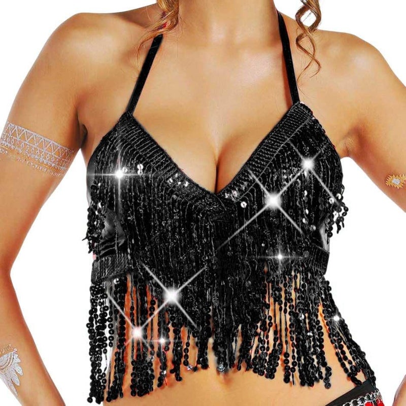 Nicute Silver Sequin Top Fringe Bra Top Sparkly Belly Dance Tops for Women - Image 1
